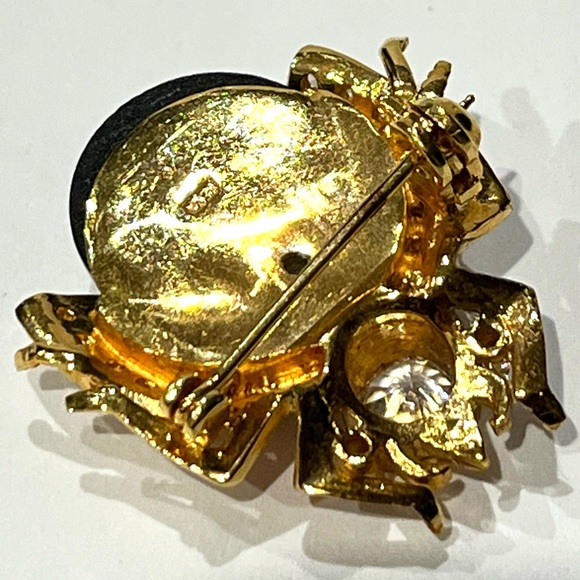 Seta Bug Pin/Brooch Black Cabochon Stone, Gold Tone with Clear Rhinestone - Picture 4 of 6